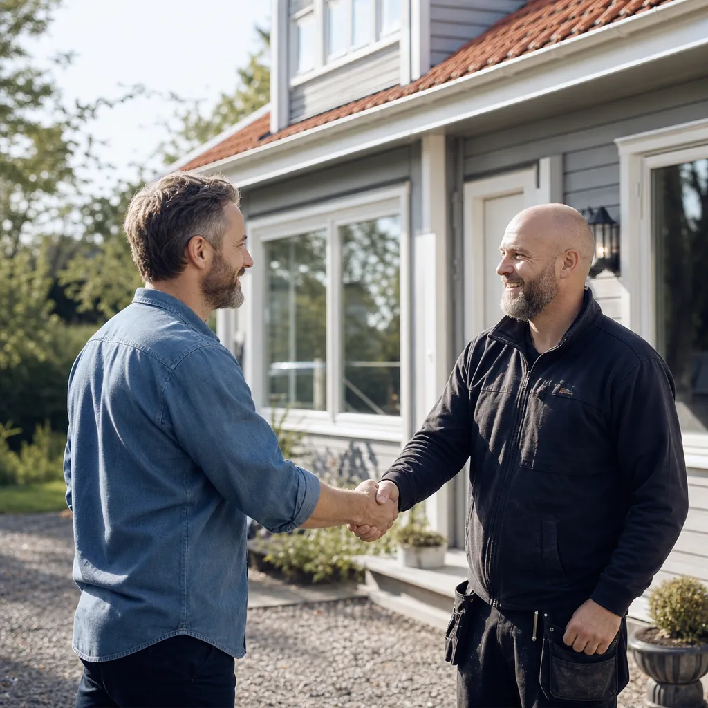 Husägare och hantverkare skakar hand utanför ett hus efter avslutat arbete