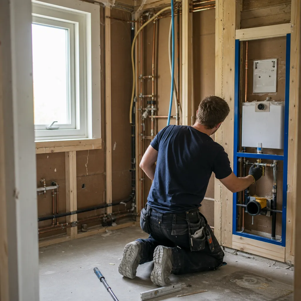 Badrum under renovering med öppnade väggar och synlig rördragning, hantverkare i arbete