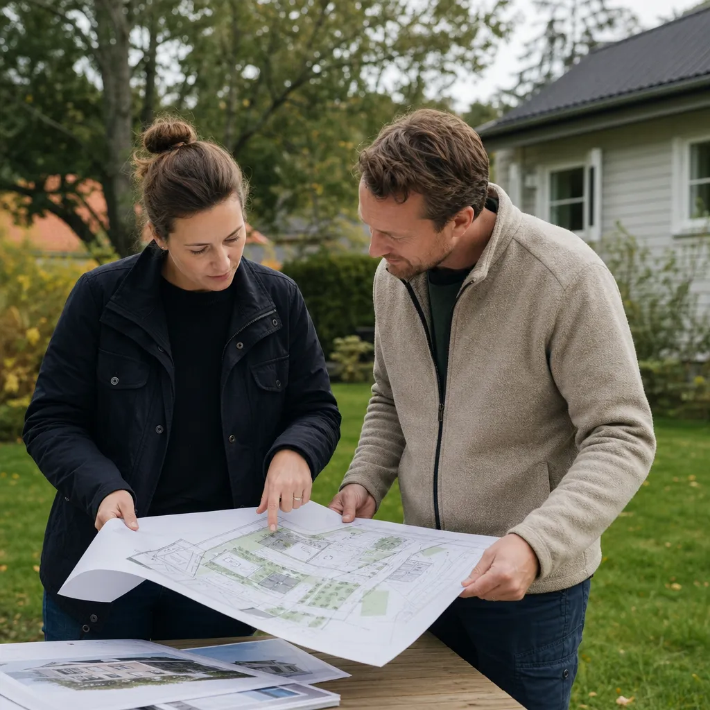 person och kommunhandläggare tittar tillsammans på ritningar och en situationsplan över en villatomt