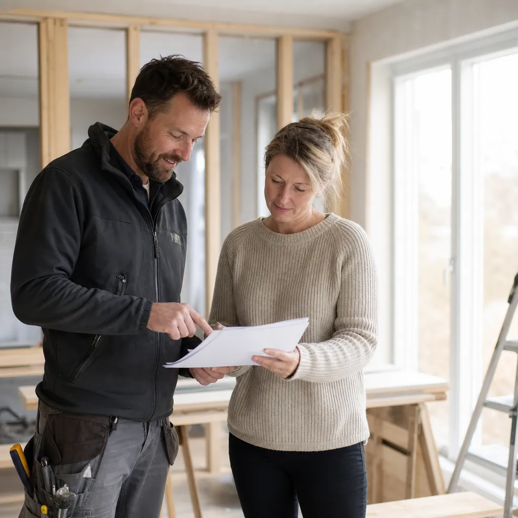hantverkare och husägare som går igenom en offert tillsammans i ett hus under renovering