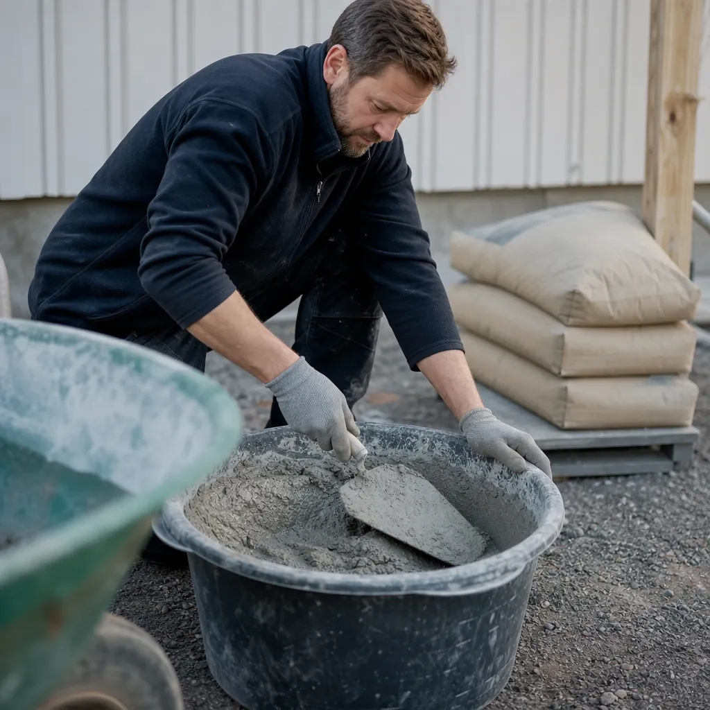 Person i arbetshandskar blandar betong i en balja med murslev, säckar med cement i bakgrunden