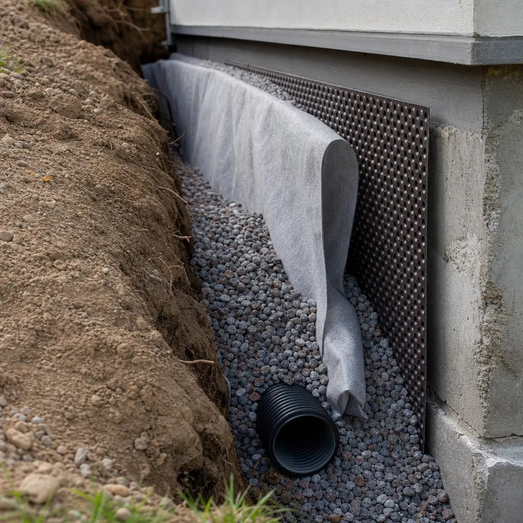 genomskuren illustration av en husgrund med dräneringsrör, makadam, fiberduk och dräneringsskiva lagda mot grundmuren