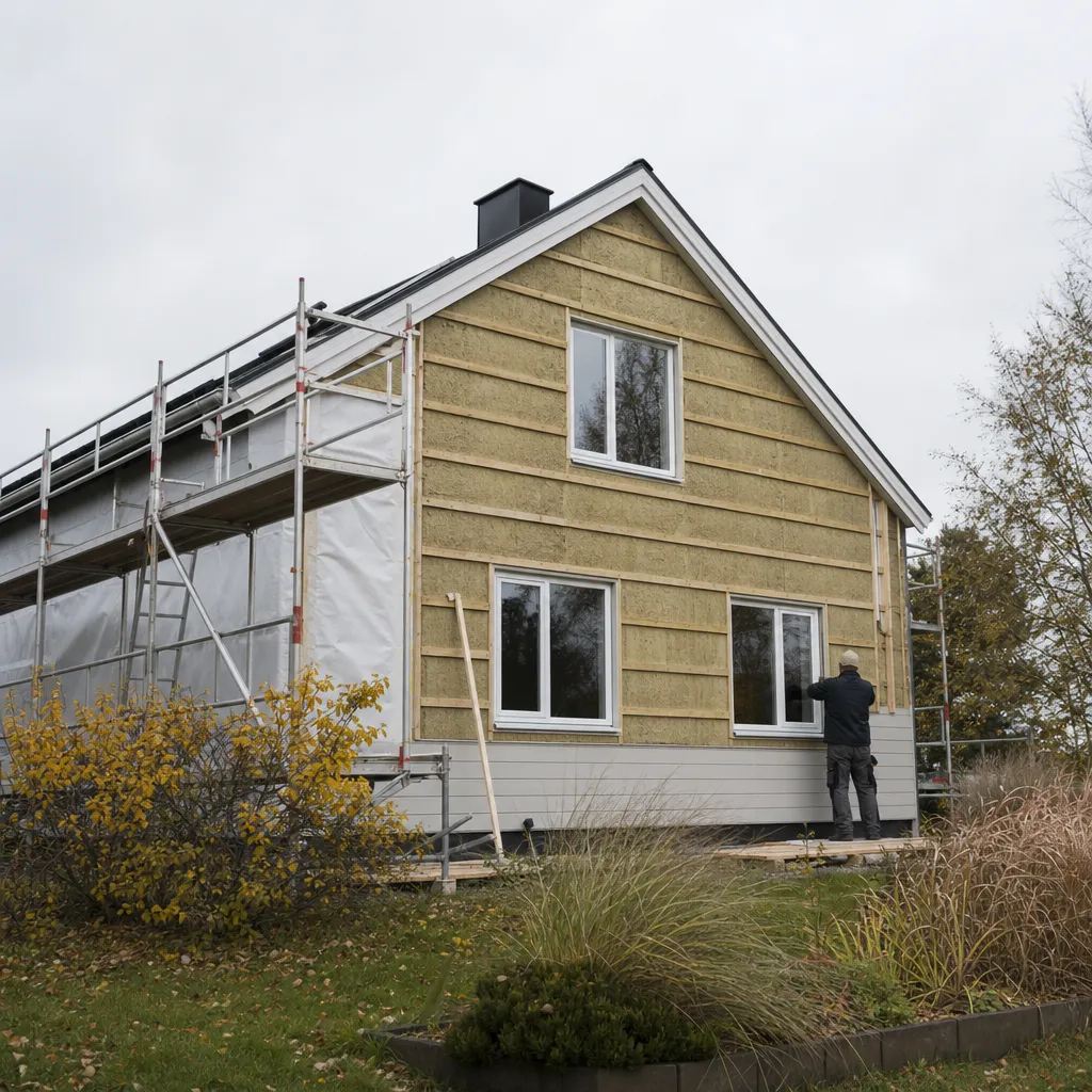 Husfasad under energirenovering med synlig tilläggsisolering på vind och nya energieffektiva fönster