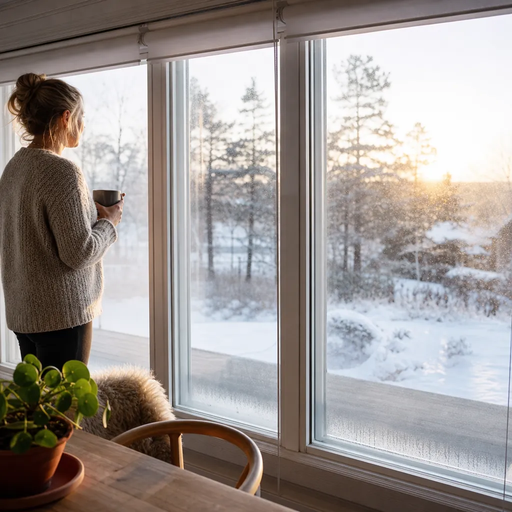 Villa med stora sydvända fönster, vinterljus, kondens i fönsterhörn syns svagt