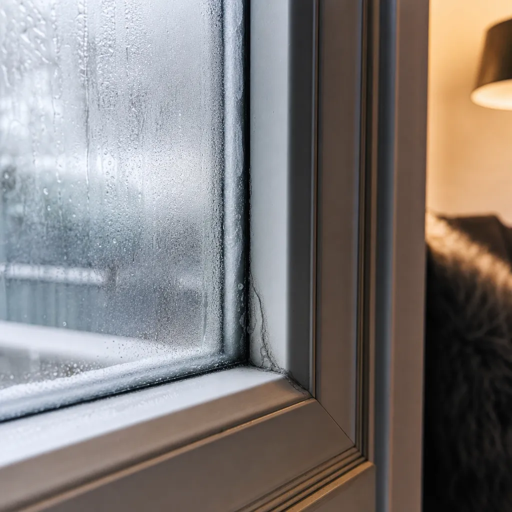 Närbild på fönsterkarm med kondens/frost i hörnet, kontrast mot varmt rum innanför