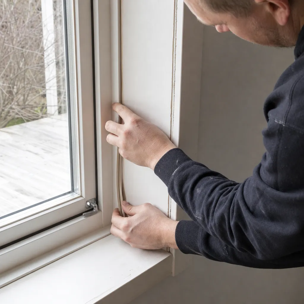 Närbild på fönsterbänk, foder och smyg där hantverkare monterar tätningslist mot en fönsterkarm