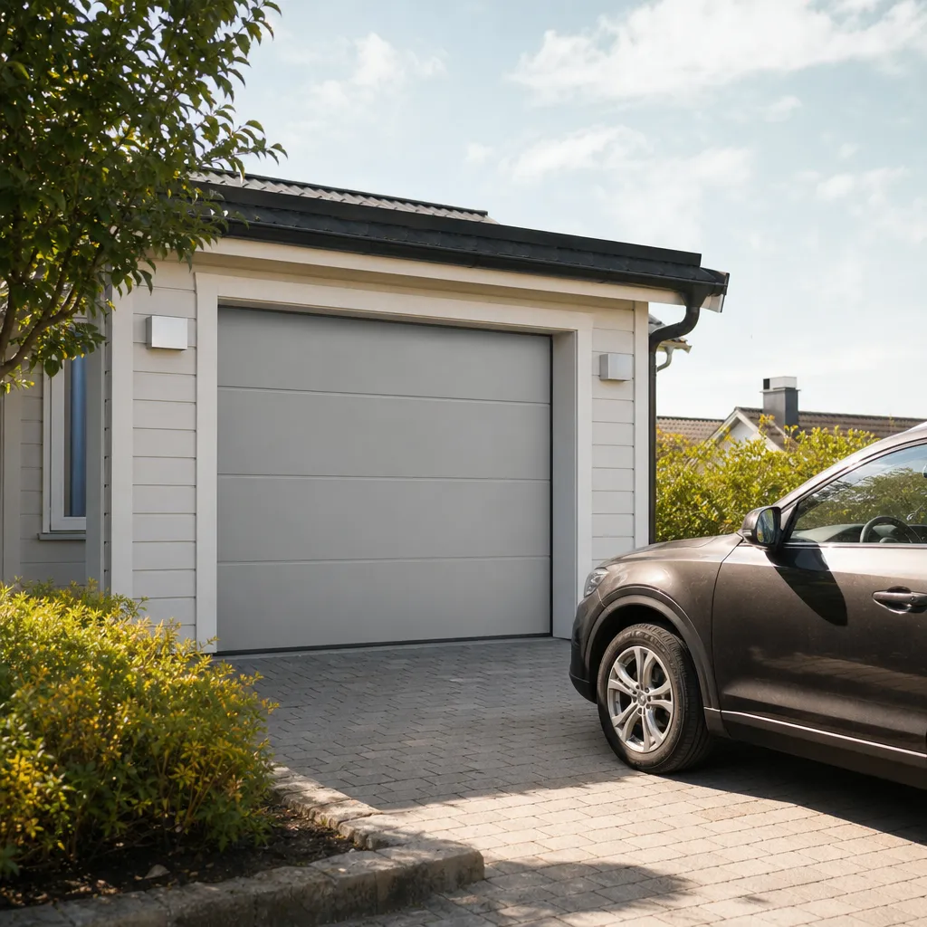Takskjutport i ljusgrått stål på ett villagarage, bil parkerad på uppfarten framför
