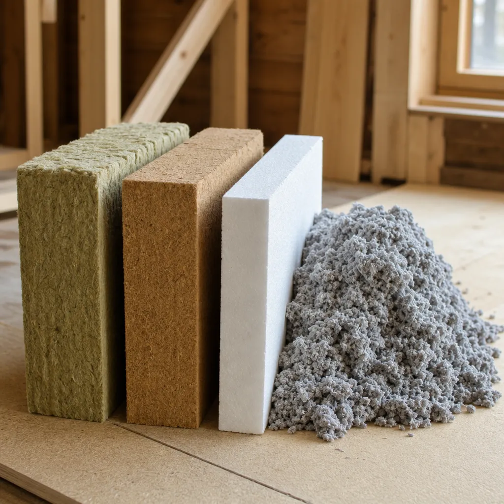 Närbild på fyra travade isoleringsmaterial sida vid sida – mineralullsskiva, träfiberskiva, cellplastskiva och en hög lösull