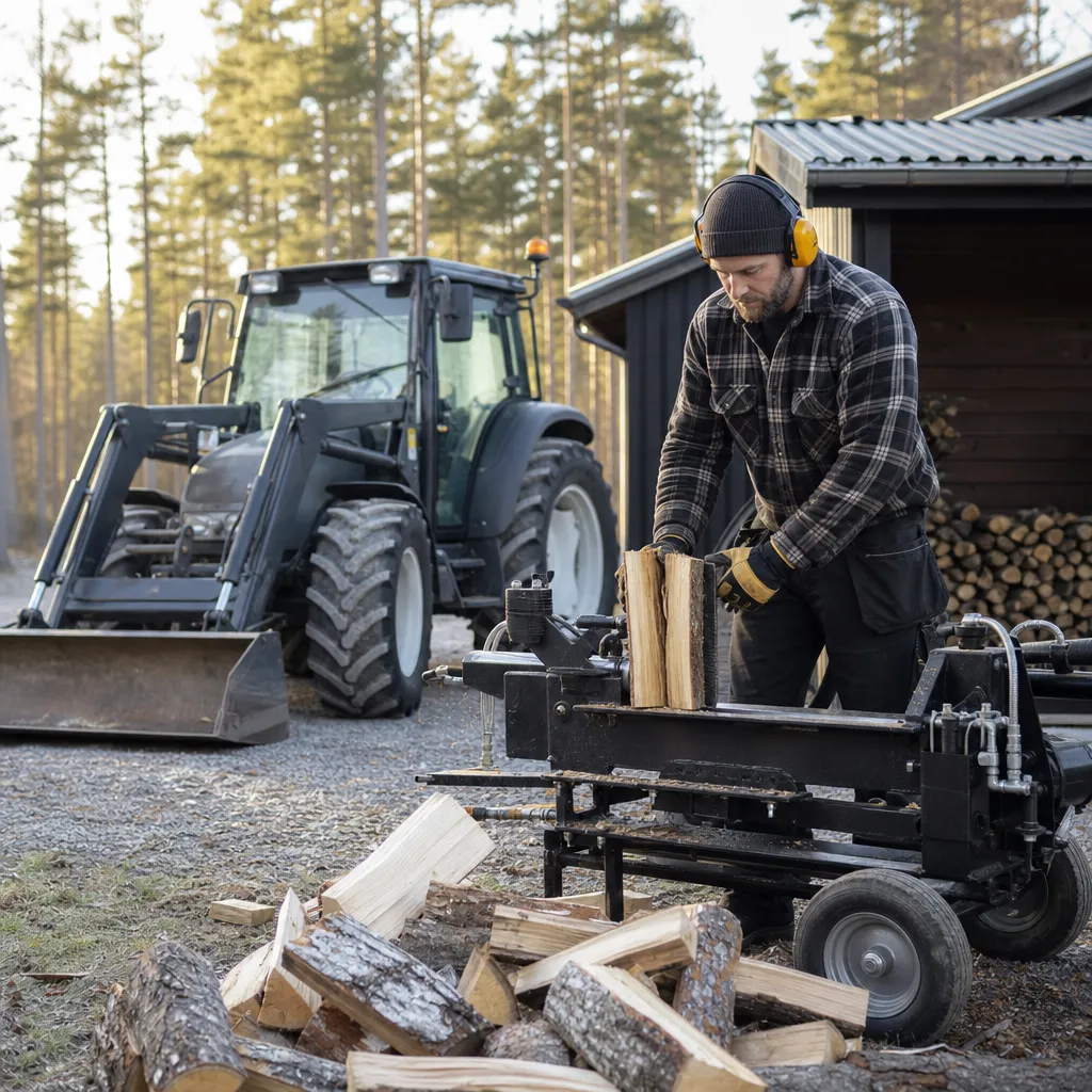 gårdsmiljö med traktor och grönytemaskin/vedklyv uppställda utomhus