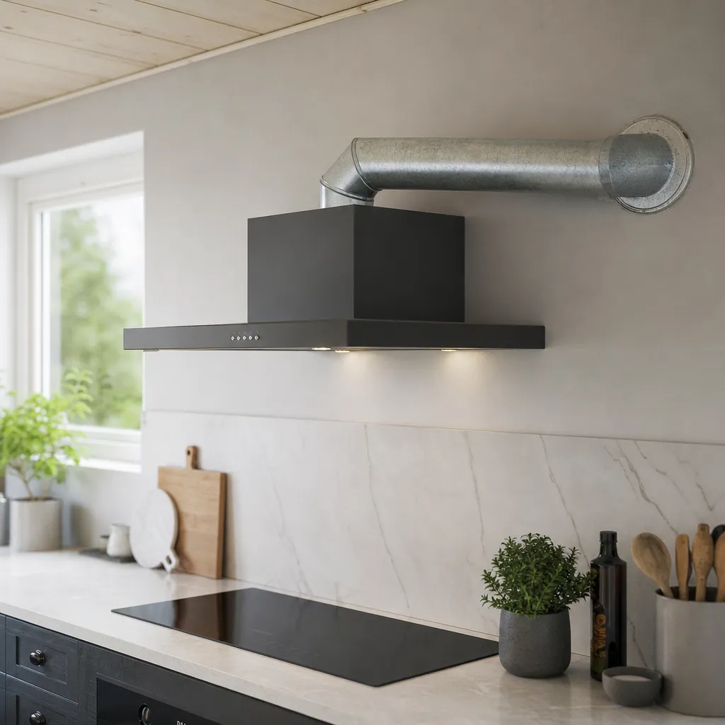 Modern köksfläkt monterad ovanför spishäll med synlig imkanal genom vägg
