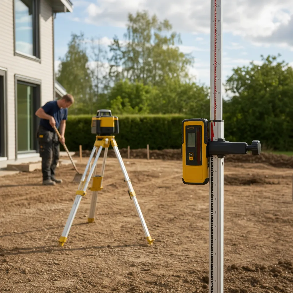 Rotationslaser på stativ utomhus som nivellerar marken inför en altan, med mottagare på en mätstång i förgrunden