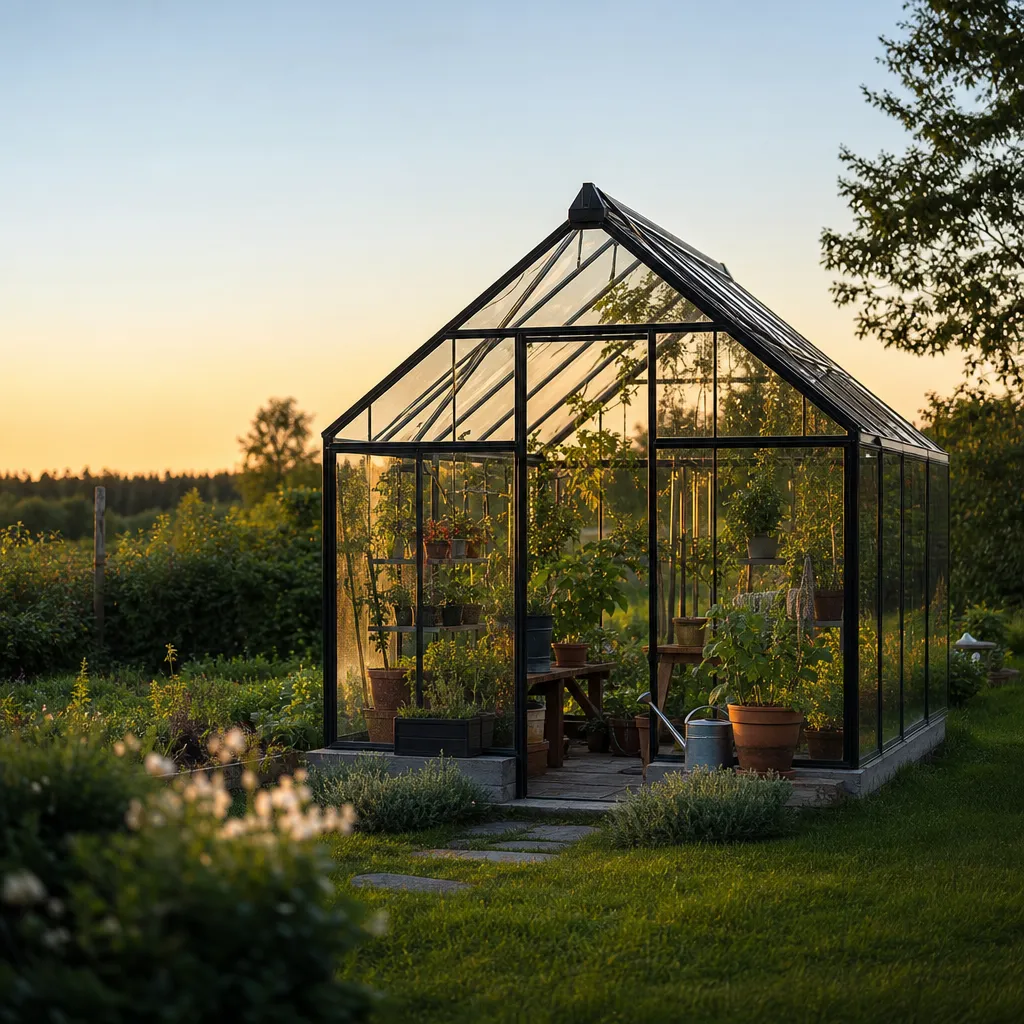 Aluminiumväxthus i trädgårdsmiljö, sommarkväll, pyramidformad taklinje syns tydligt