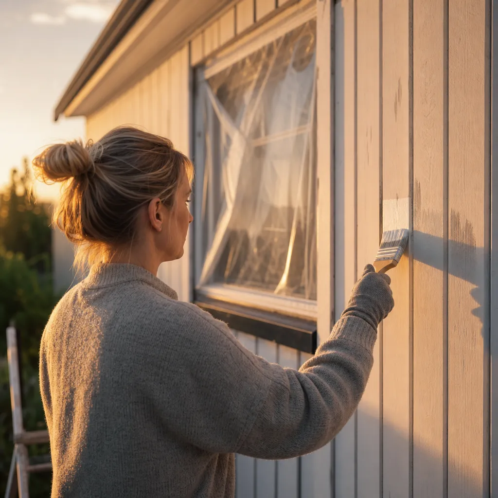 Person målar en träfasad med pensel i varmt kvällsljus, avtäckt fönster i bakgrunden