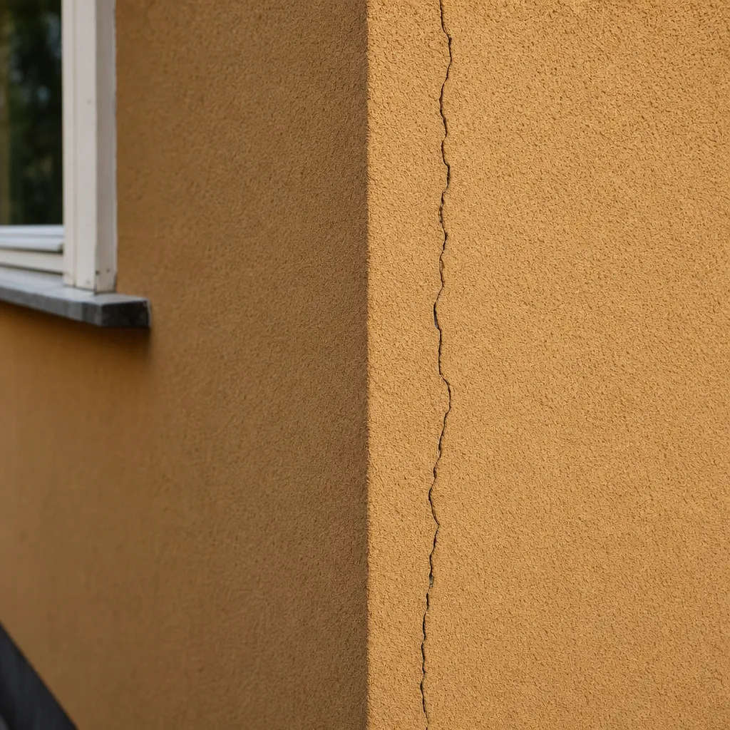 Närbild på en putsad husvägg med en tydlig lodrät spricka vid ett hörn, putsyta i varm kulör