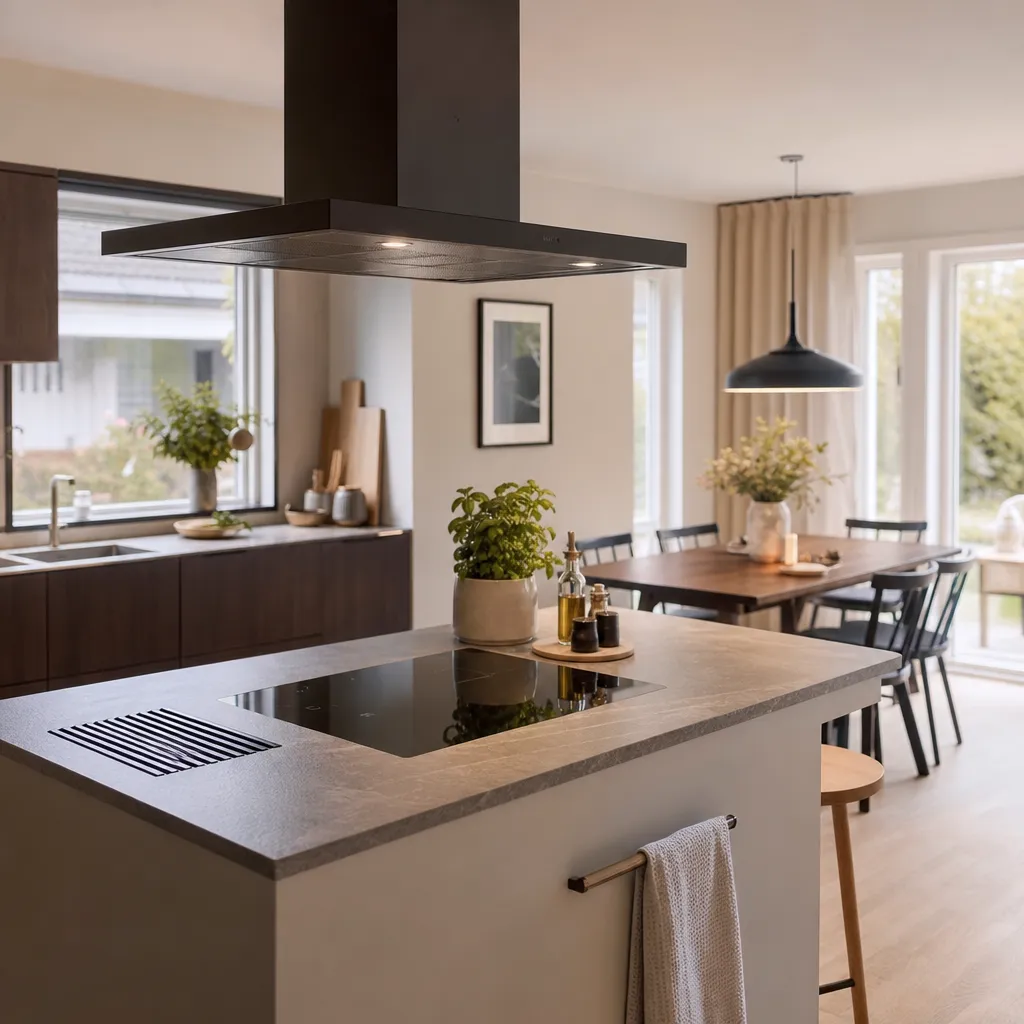Modernt renoverat kök med öppen planlösning, bänkskiva och köksfläkt i fokus