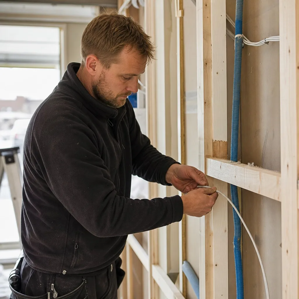 Elektriker drar nätverkskablar genom tomrör i en öppen vägg