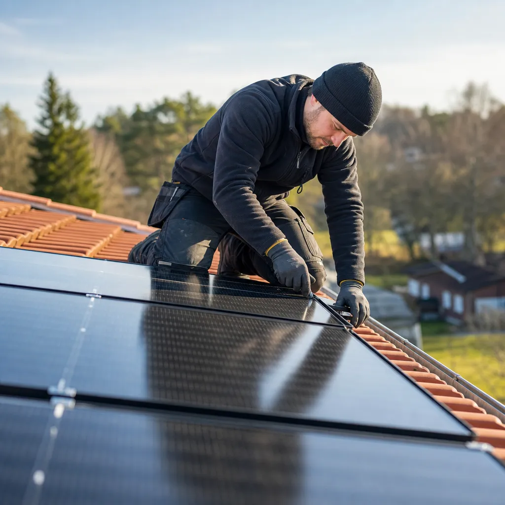 Solcellspaneler monterade på ett tegeltak med installatör som kontrollerar infästningar