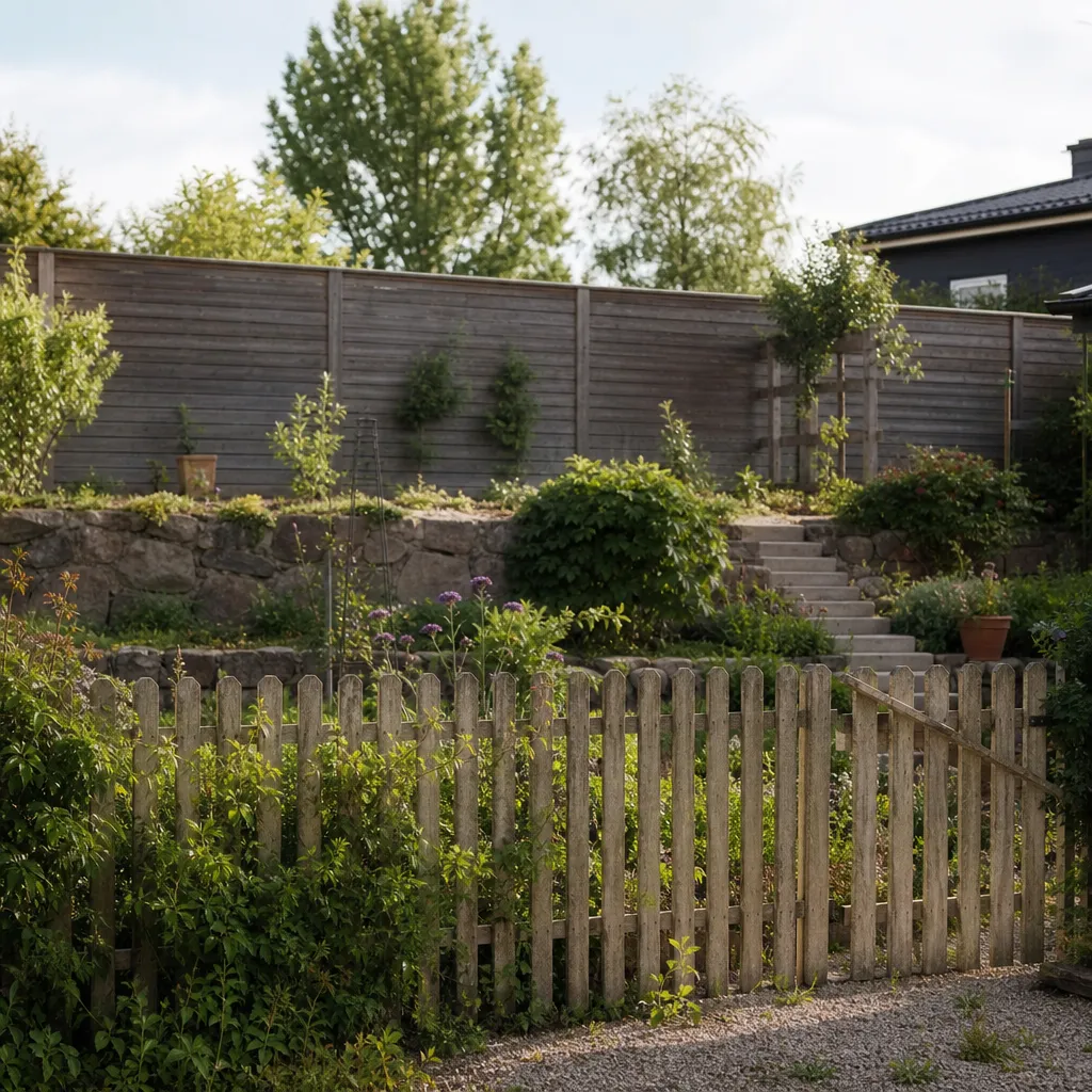 Trädgård med lågt öppet spjälstaket i förgrunden och tätt trästaket/plank längre bak, tydlig höjdskillnad synlig