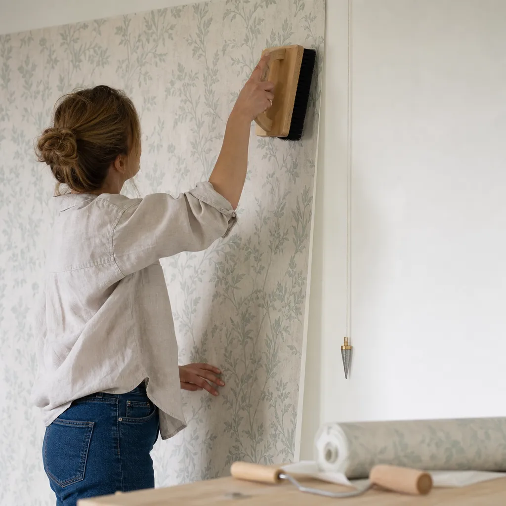 Person som tapetserar en våd på en vägg med tapetborste, tapetrulle och lodlinje synliga