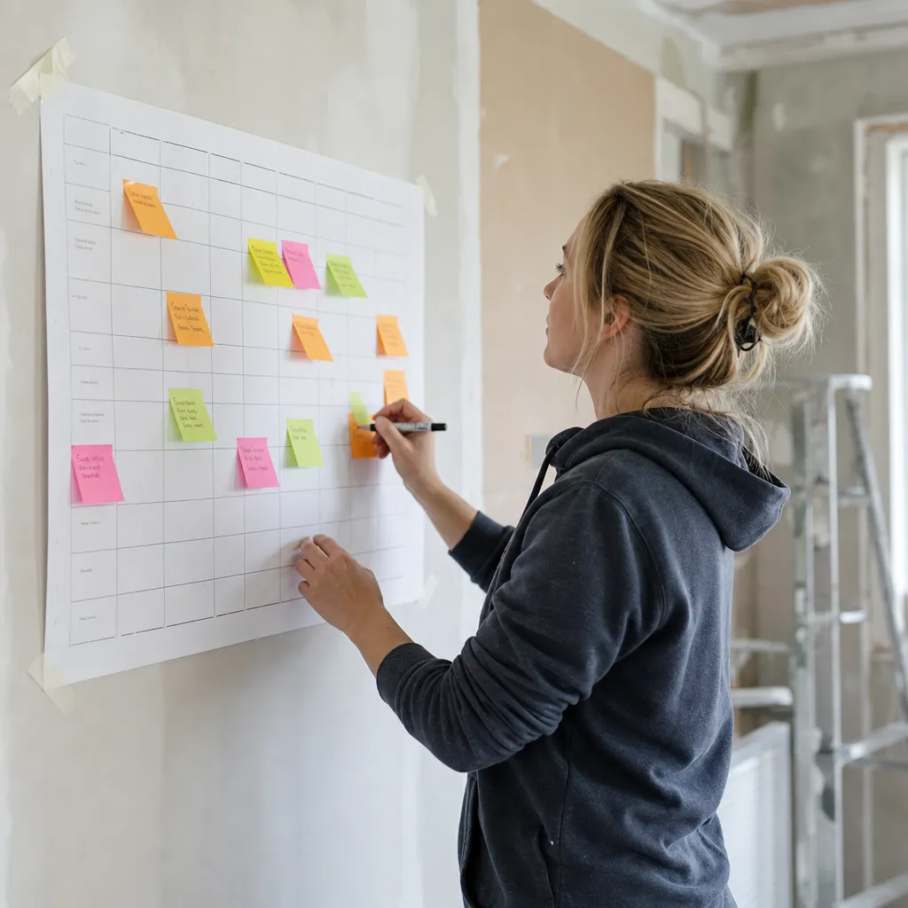 väggkalender eller projektplan med tidslinje och post-it-lappar för ett renoveringsprojekt