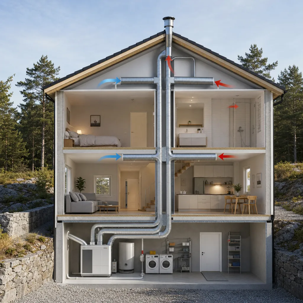 Genomskuren illustration av ett hus som visar ventilationskanaler och luftflöde från källare till tak
