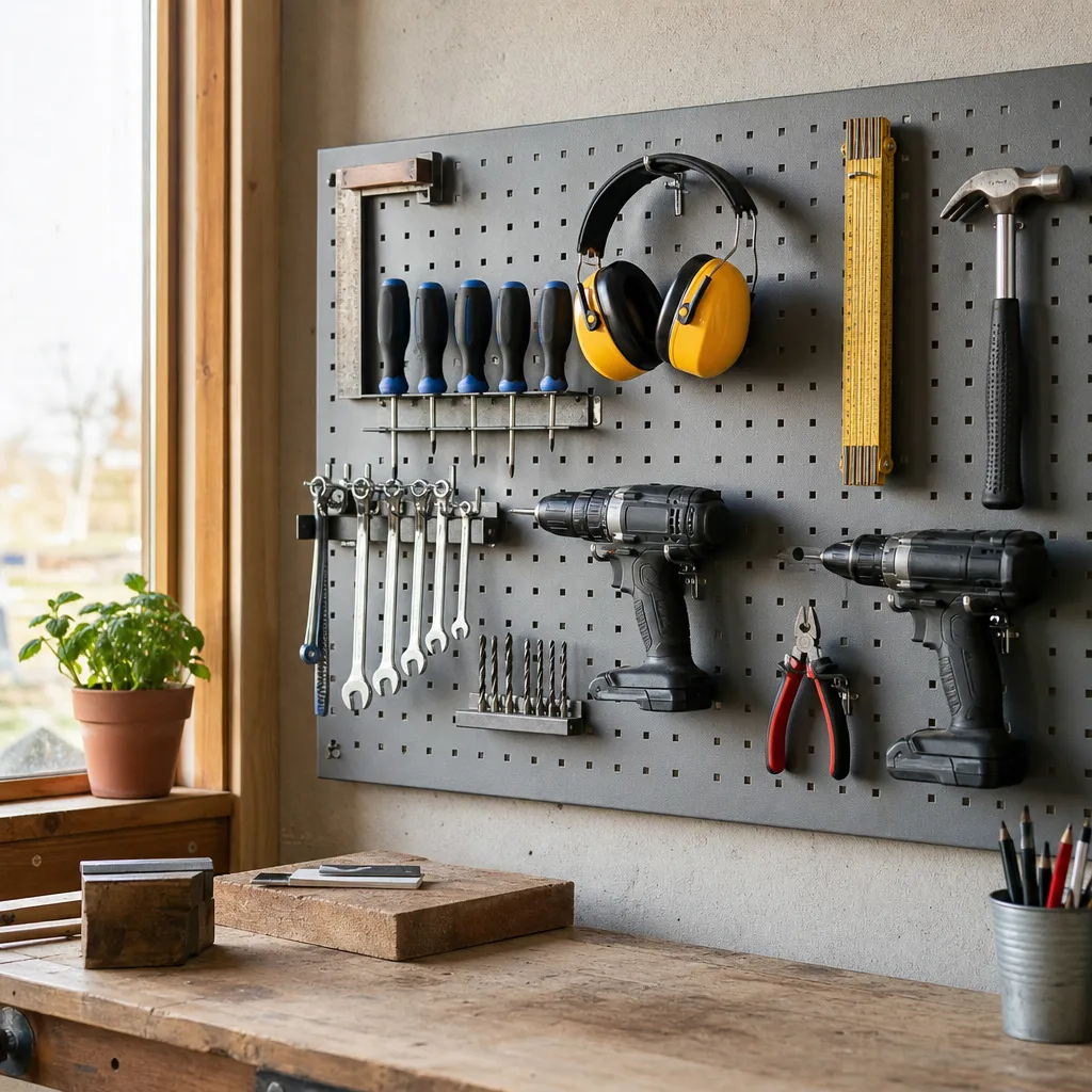 Ordnad verktygsvägg i garage med borrmaskin, skruvdragare, tumstock och hörselskydd upphängda på pegboard