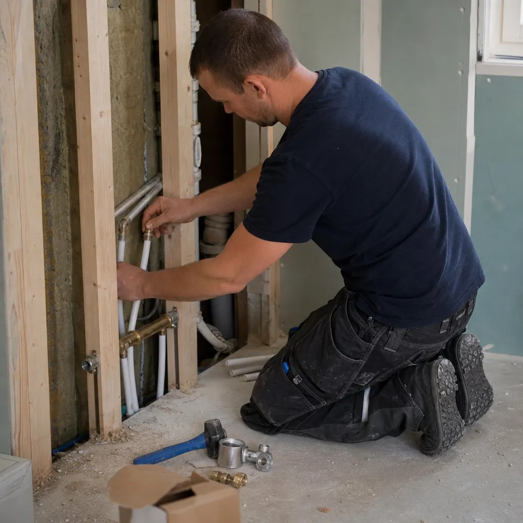 Rörinstallatör drar VVS-rör i öppen vägg inför badrumsrenovering